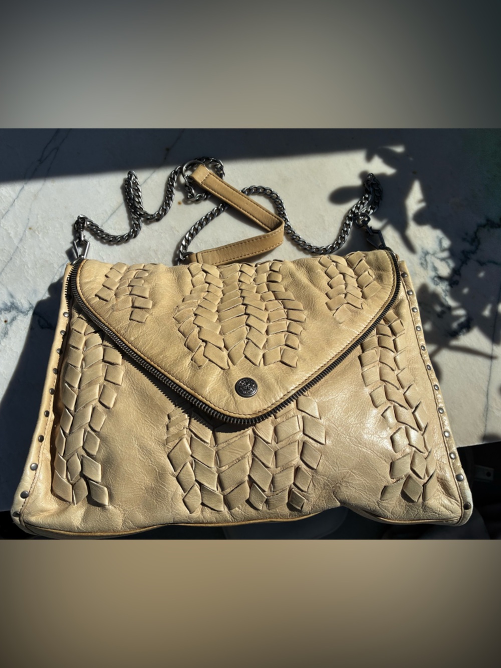 Rebecca Minkoff Woven Leather Chain Shoulder Bag in Creamy Tan